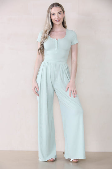 KATCH ME Women's Casual Plain Partial Button Short Sleeve Slim Top & Ruched Wide Leg Trousers Co-ord Co-ord 26.55